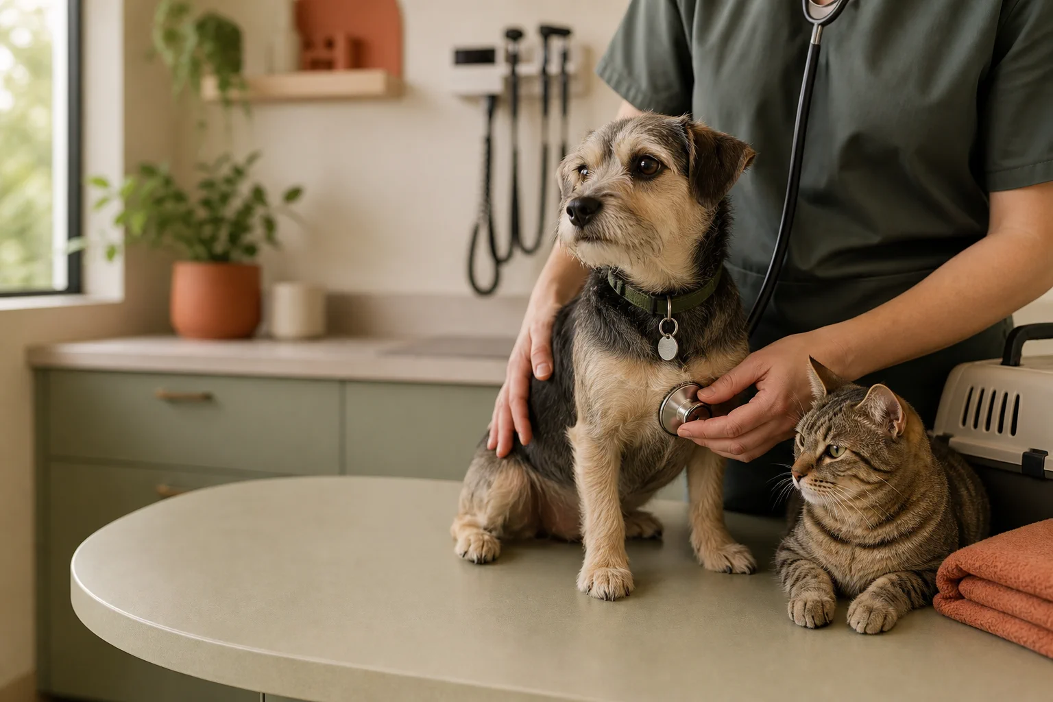 Veteriner hekim tarafından muayene edilen köpek ve yanında sakin bir kedi