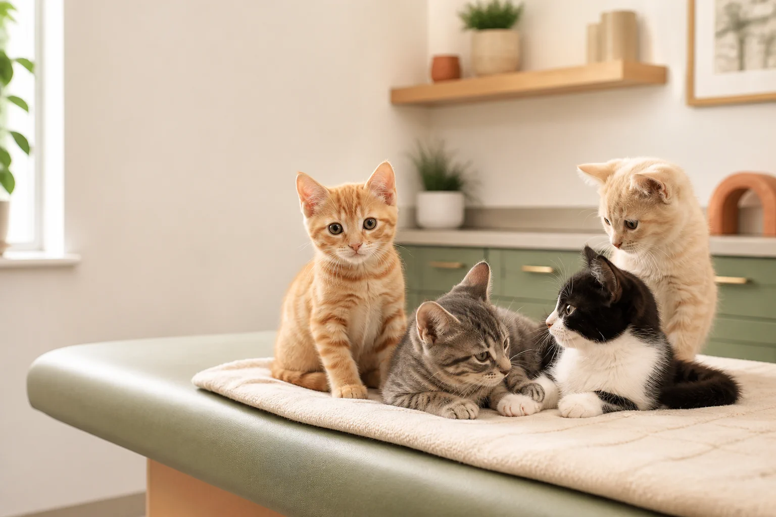 Sıcak bir veteriner kliniğinde dört doğal yavru kedi